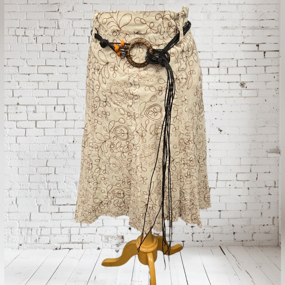 Vintage Heart Soul  Belted Embroidered Beige Floral Midi Skirt Bohemian Side Zip